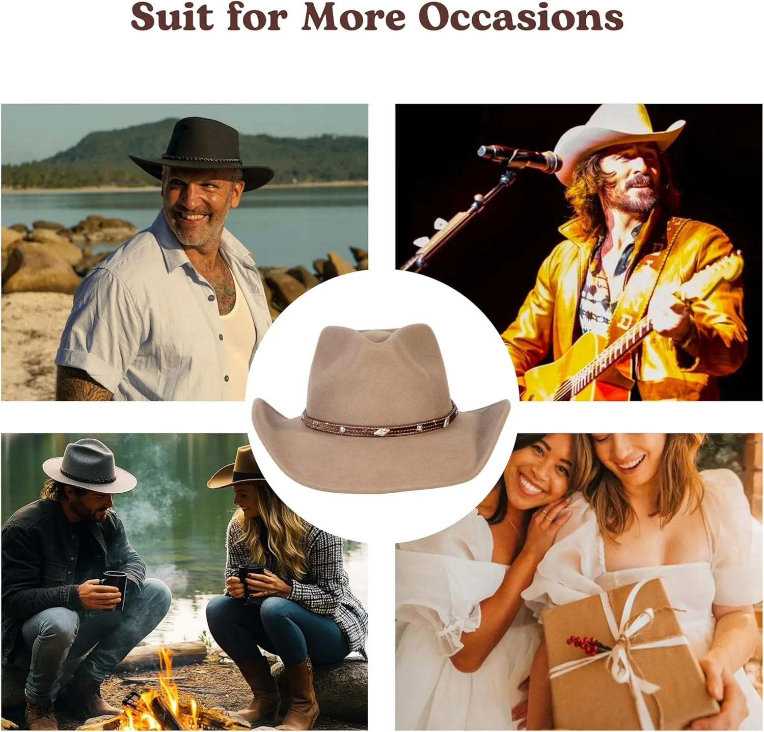 MIX BROWN Western Cowboy Hat for Men & Women 100% Wool Wide Brim Cowgirl Hats Outback Panama Rancher Felt Hat