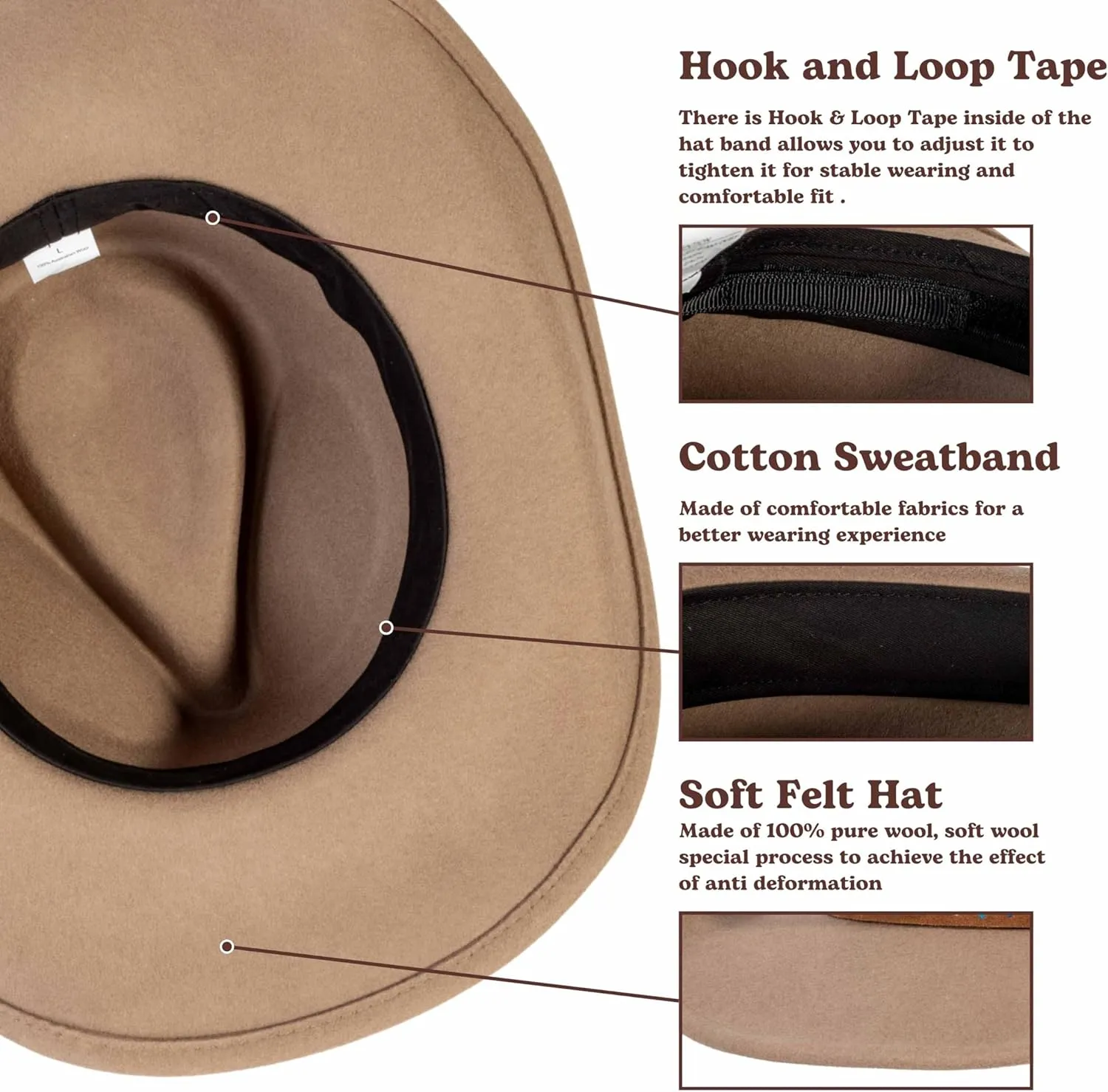 MIX BROWN Western Cowboy Hat for Men & Women 100% Wool Wide Brim Cowgirl Hats Outback Panama Rancher Felt Hat