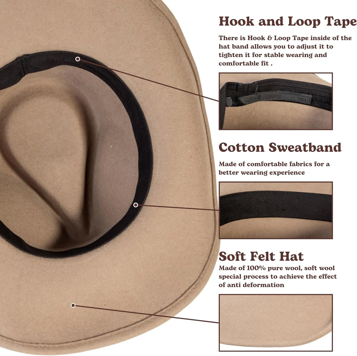 MIX BROWN Western Cowboy Hat for Men & Women 100% Wool Wide Brim Cowgirl Hats Outback Panama Rancher Felt Hat