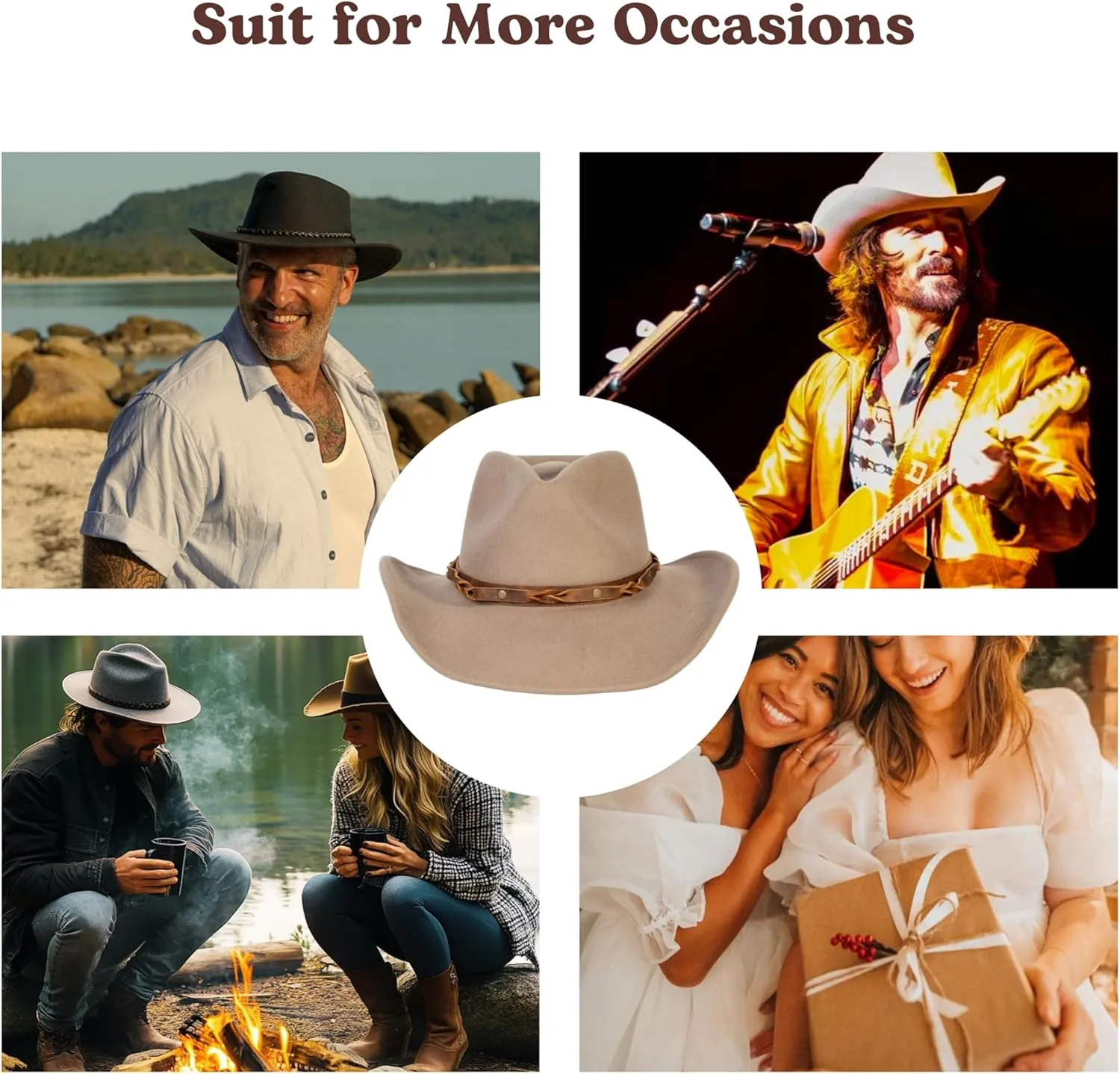 MIX BROWN Western Cowboy Hat for Men & Women 100% Wool Wide Brim Cowgirl Hats Outback Panama Rancher Felt Hat