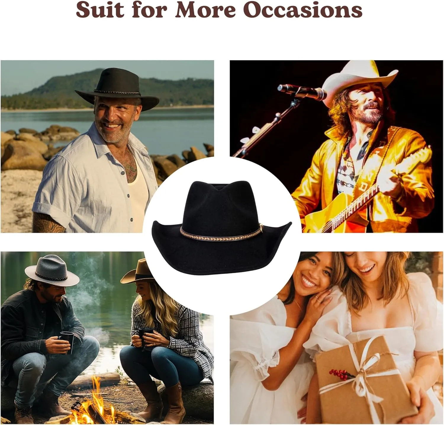 MIX BROWN Western Cowboy Hat for Men & Women 100% Wool Wide Brim Cowgirl Hats Outback Panama Rancher Felt Hat