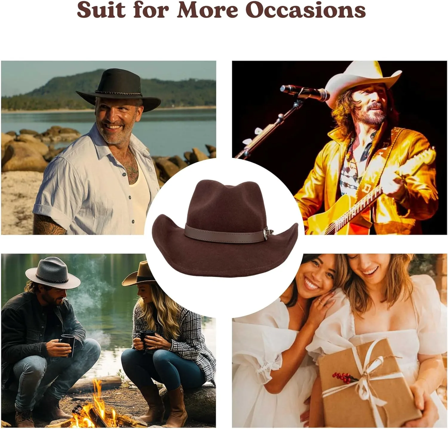 MIX BROWN Western Cowboy Hat for Men & Women 100% Wool Wide Brim Cowgirl Hats Outback Panama Rancher Felt Hat