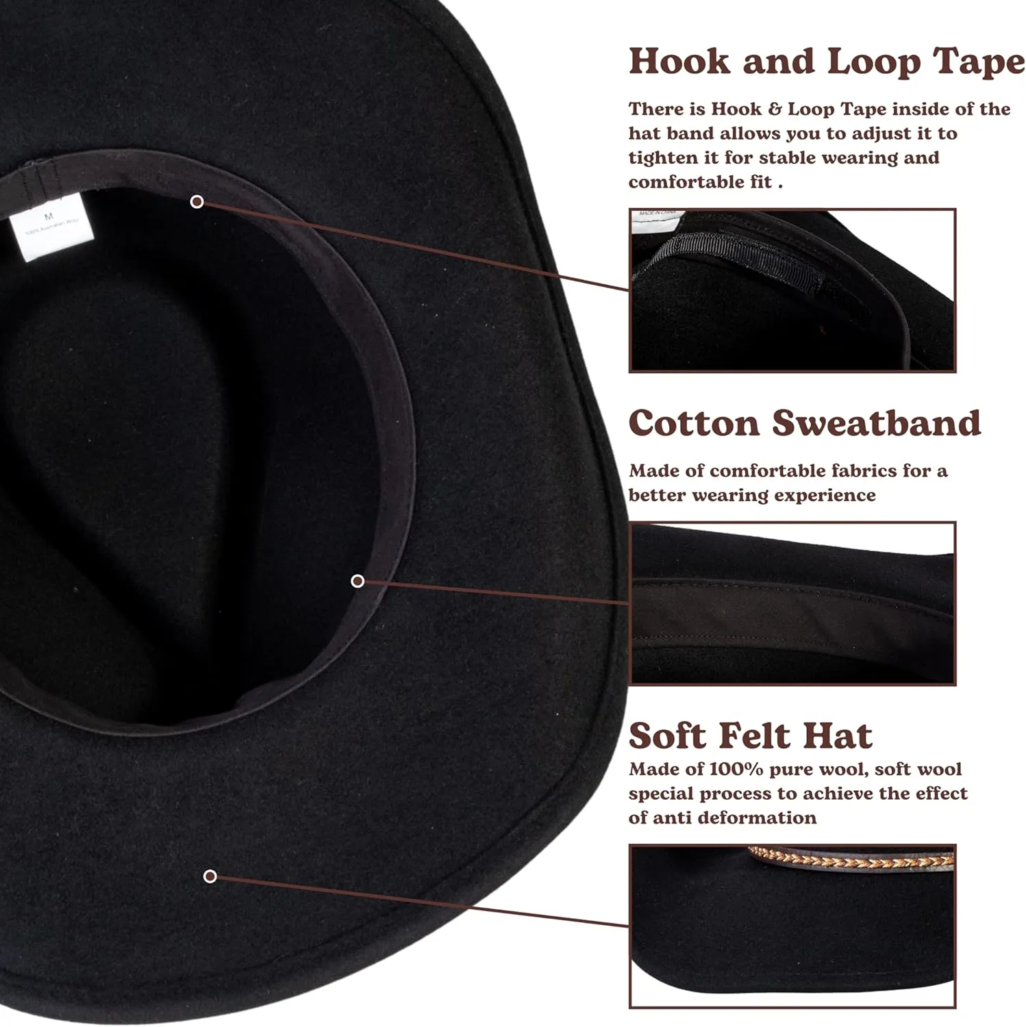 MIX BROWN Western Cowboy Hat for Men & Women 100% Wool Wide Brim Cowgirl Hats Outback Panama Rancher Felt Hat