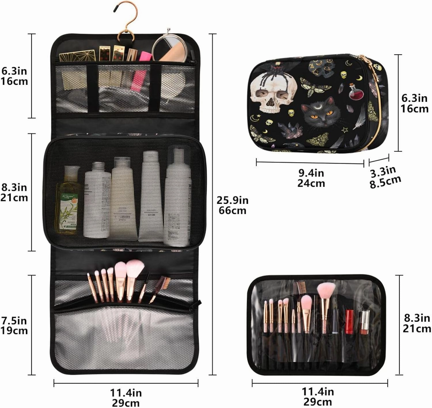 MNSRUU Toiletry Bag Goth Skull Moth Hanging Makeup Bag Travel bag for Toiletries 3 PCS Toiletry Bags Set for Traveling, Travel Organizer for Accessories