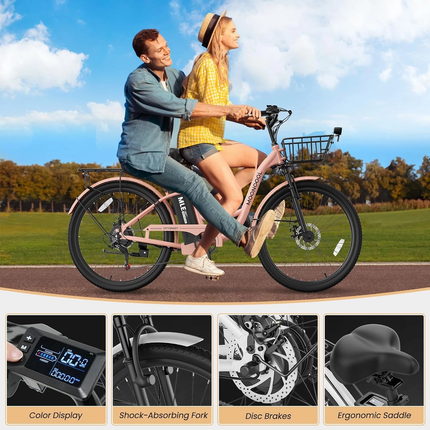 MOONCOOL Electric Bike for Adults, 700W Peak Power 7 Speed Step Through Electric Cruiser Bike, 40 Miles Electric Bicycle with 36V 10.4Ah Battery, Aluminum Frame City Commuter E Bikes for Women, Men