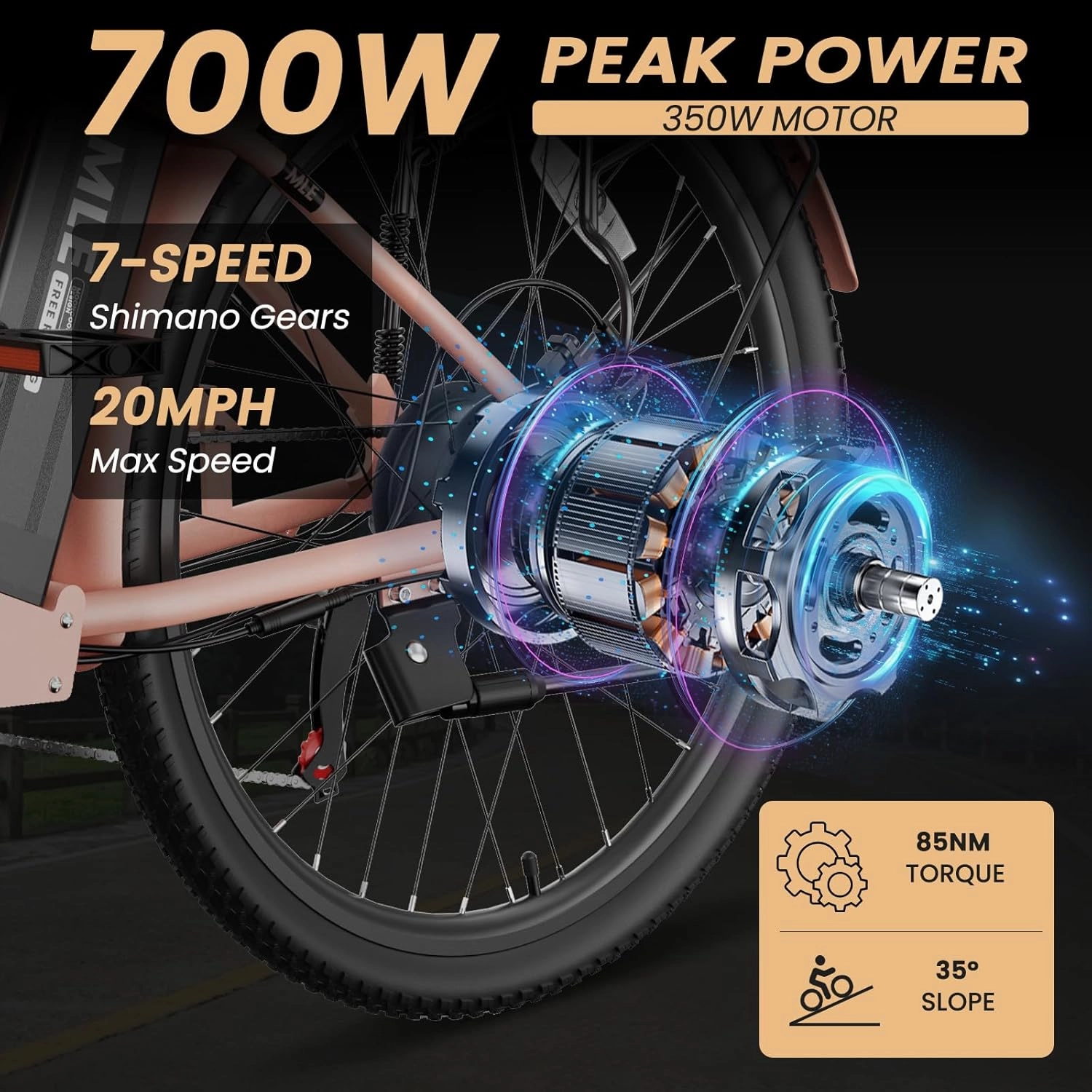 MOONCOOL Electric Bike for Adults, 700W Peak Power 7 Speed Step Through Electric Cruiser Bike, 40 Miles Electric Bicycle with 36V 10.4Ah Battery, Aluminum Frame City Commuter E Bikes for Women, Men