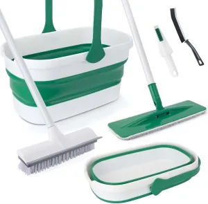 Mop and Bucket Set with Scrub Brush for Floor Cleaning, Flat Microfiber Pad and Foldable Basket with Grout Scrubber and 52'' Long Handle Broom for Shower, Bathroom, Deck, Patio, Garage