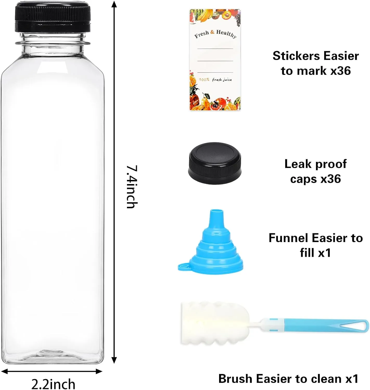 Moretoes 36pcs 16oz Juice Bottles, Plastic Bottles with Lids, Reusable Clear Containers for Juice, Smoothies, Cola, Water and Other Beverages