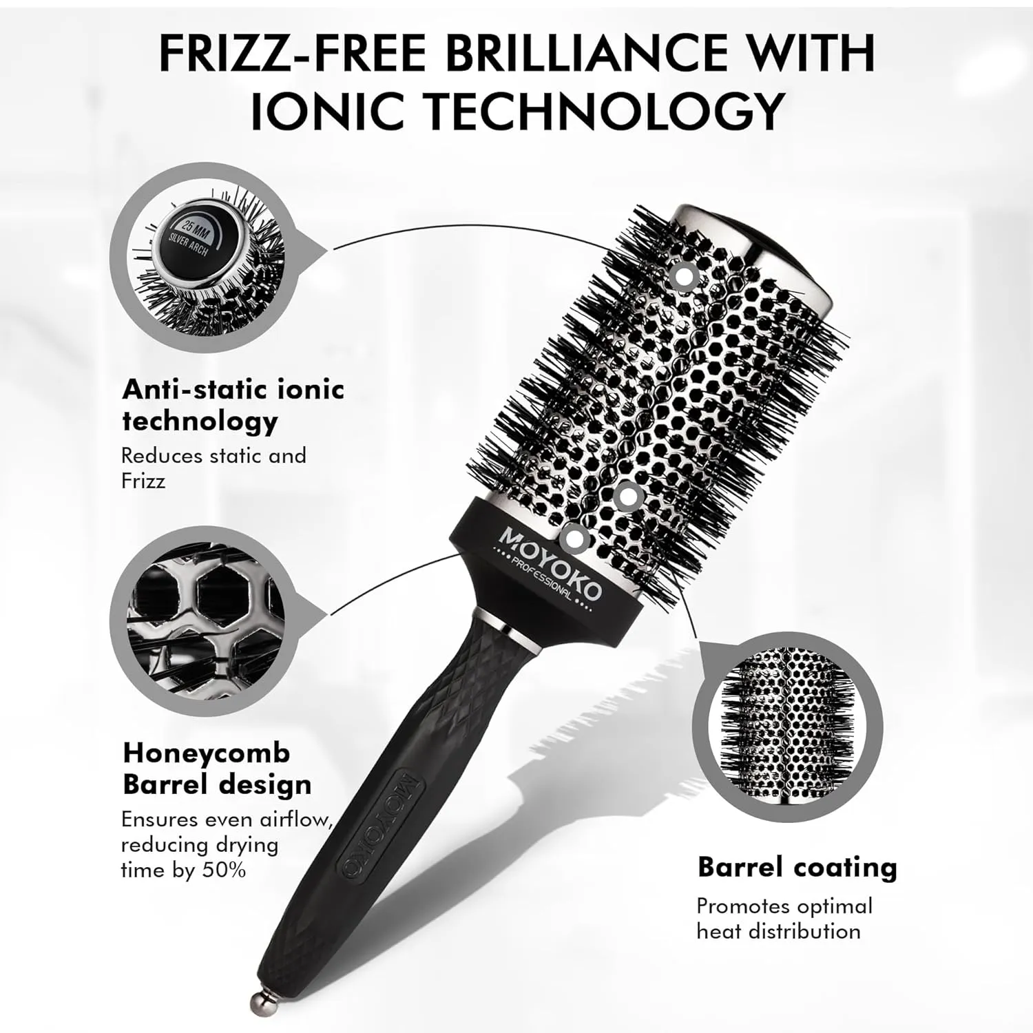 MOYOKO Silver Arch Round Brush for Blow Out (45mm) Professional Metal Round Hair Brush for Blow Drying Hair with Sectioning Pin, Salon Quality Honeycomb Design with Anti-Static Ionic Technology