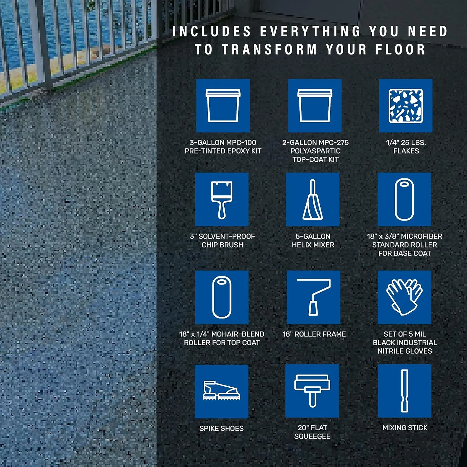 MPC Flake Floor Epoxy Resin Kit, Pre-Tinted Resin Epoxy and Accessories for Industrial and Residential Projects, 3 Gallons, Nightfall Kit