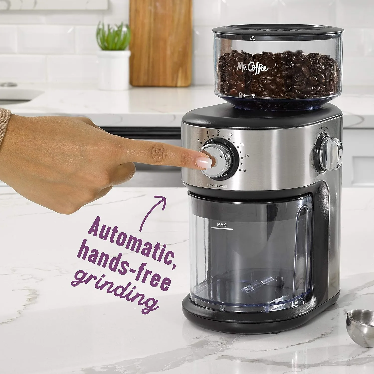 Mr. Coffee Burr Coffee Grinder Automatic Grinder with 18 Presets for French Press Drip and Espresso 18-Cup Capacity Stainless Steel