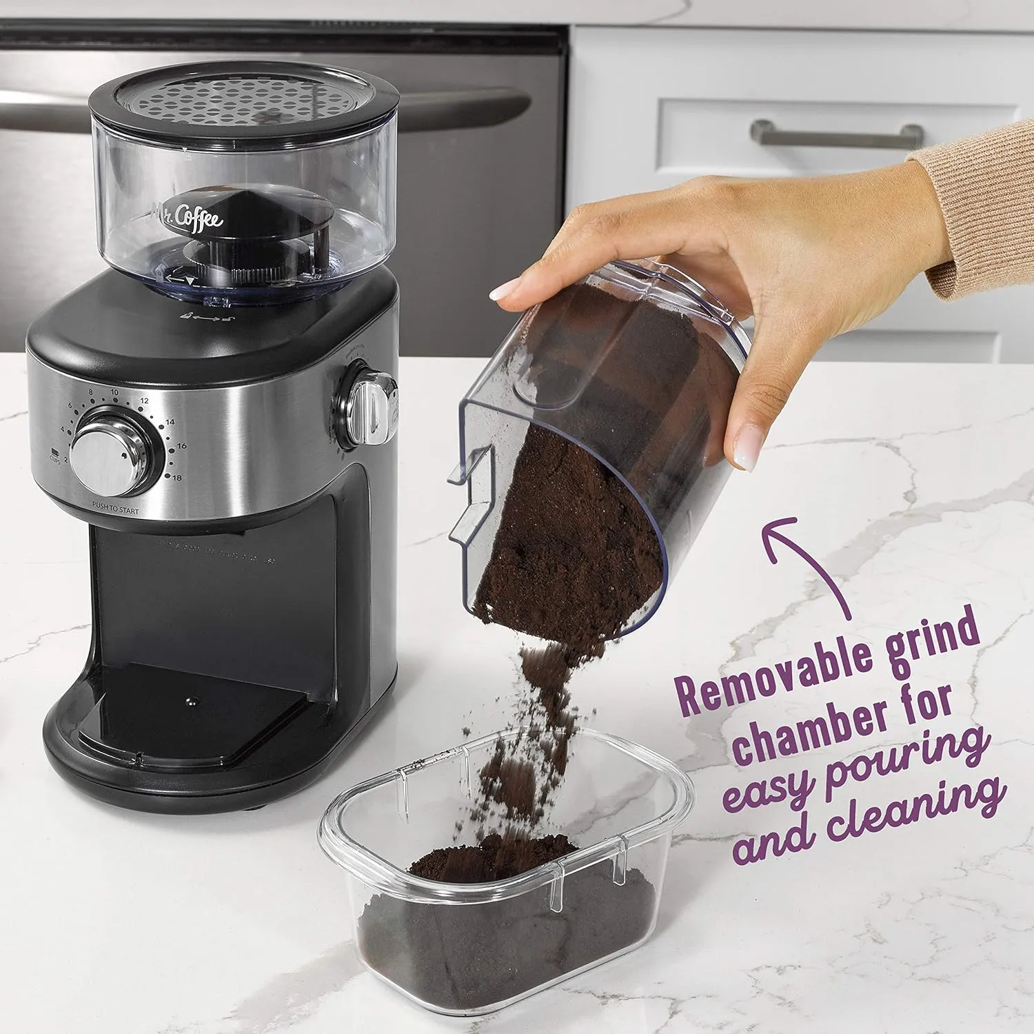 Mr. Coffee Burr Coffee Grinder Automatic Grinder with 18 Presets for French Press Drip and Espresso 18-Cup Capacity Stainless Steel