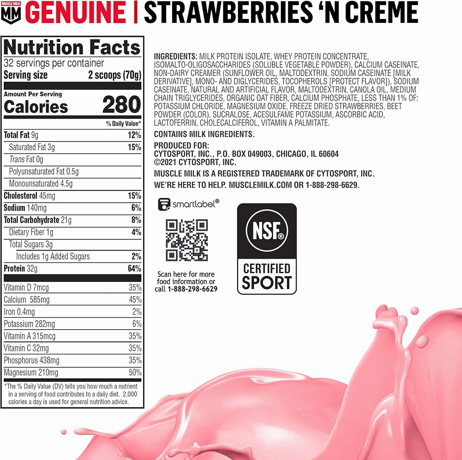 Muscle Milk Genuine Protein Powder, Strawberries 'N Crème, 32g Protein, 4.94 Pound