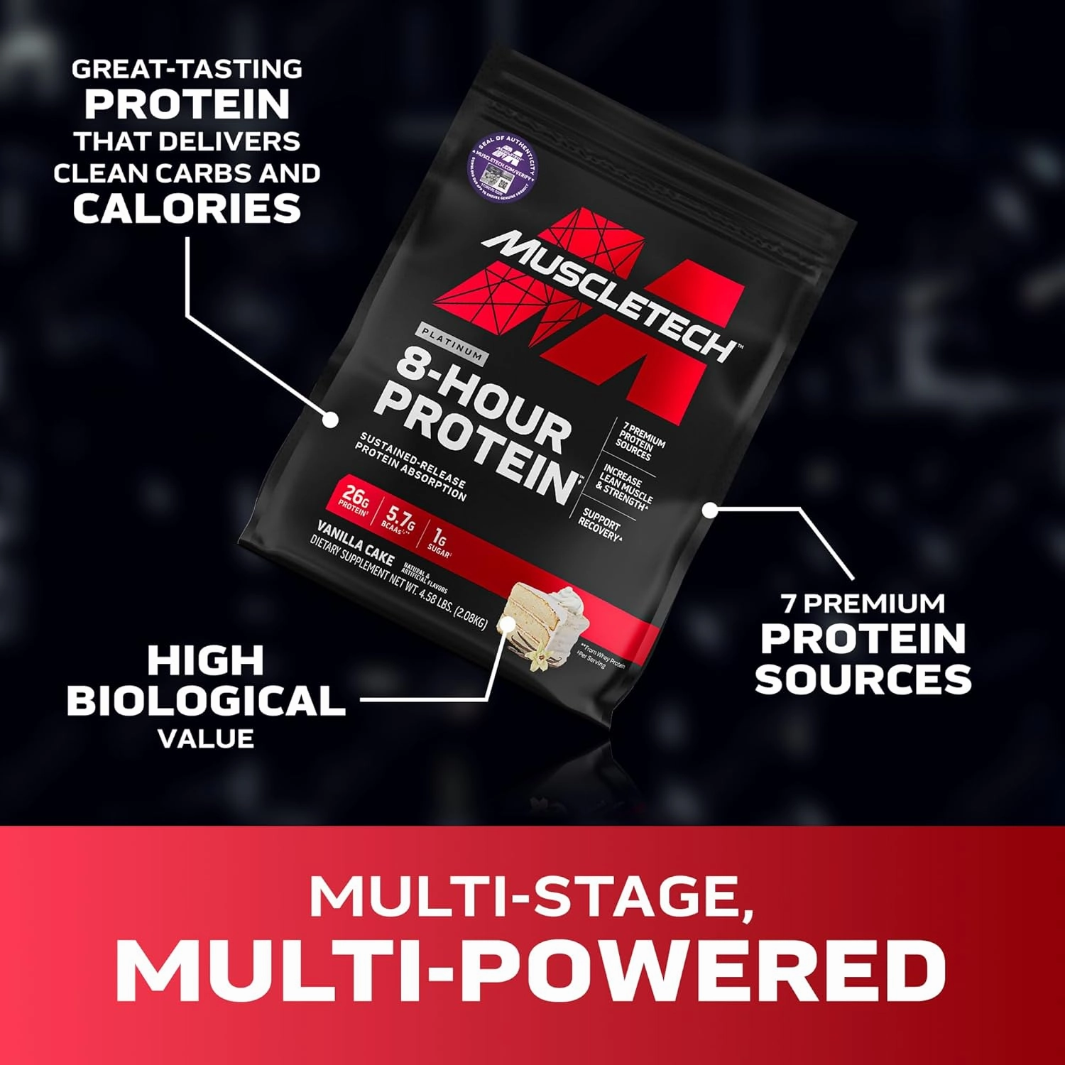 MuscleTech Platinum 8-Hour Protein Powder - 7 Premium Protein Sources with Whey & Casein Protein for Increased Lean Muscle, Strength & Improved Recovery - Vanilla Cake, 50 Servings