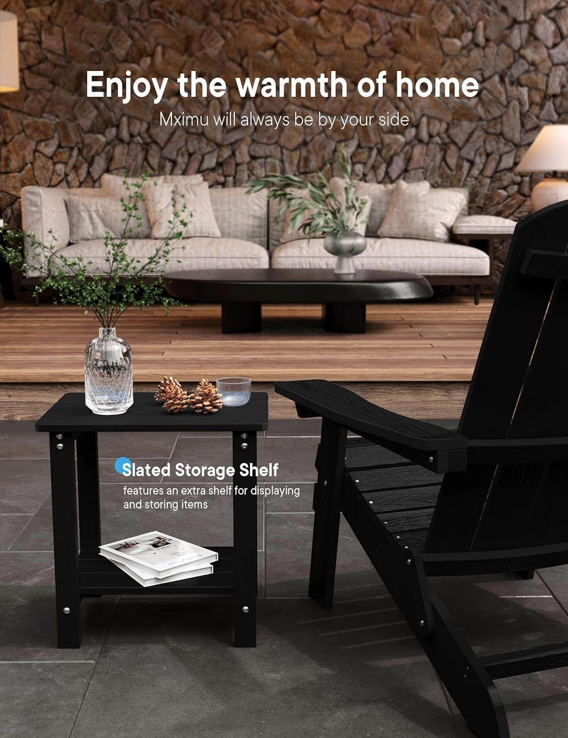 MXIMU Outside Adirondack Side Table Double Layer, Weather Resistant Square Outdoor Side Tables Set of 2, Outdoor End Table for Backyard Pool Indoor Companion Front Porch, Black