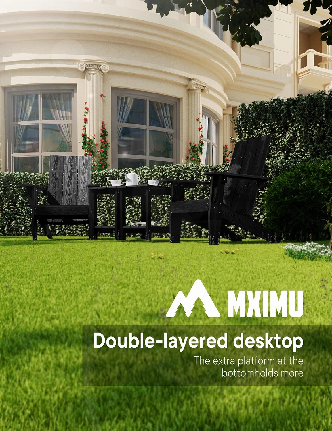 MXIMU Outside Adirondack Side Table Double Layer, Weather Resistant Square Outdoor Side Tables Set of 2, Outdoor End Table for Backyard Pool Indoor Companion Front Porch, Black