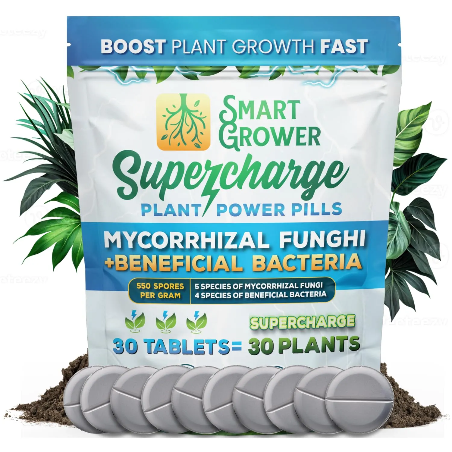 Mycorrhizal Fungi Tablets with Beneficial Bacteria, No-Mess, Easy to Use, Boost Plant Growth Fast, Natural Smart Grower Supercharge Plant Power Pills - 30 Tablets for 30 Plants