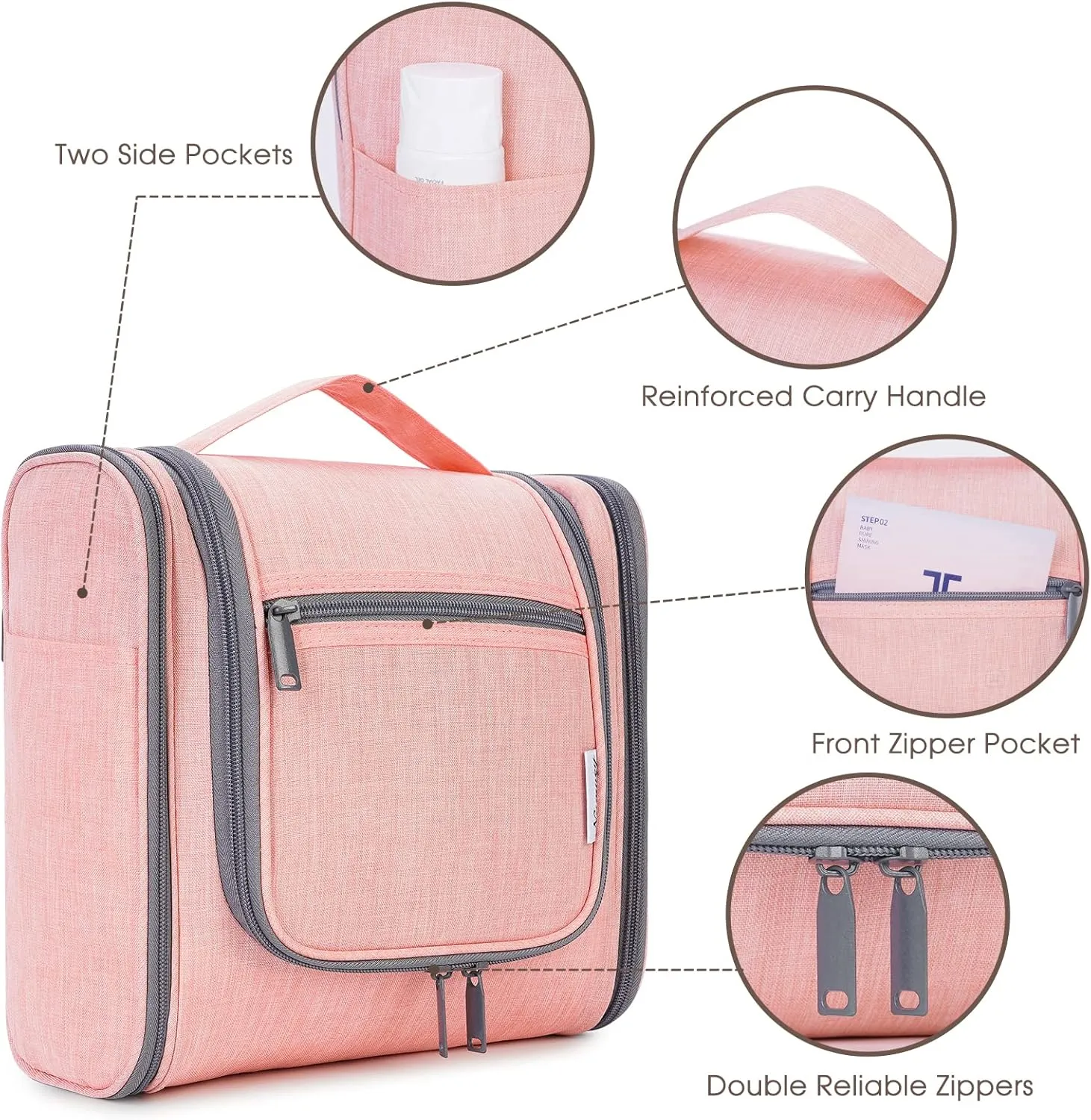 Narwey Hanging Toiletry Bag for Women Travel Makeup Bag Organizer Toiletries Bag for Cosmetics Essentials Accessories(Large, Pink)