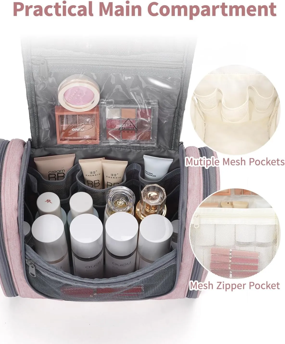 Narwey Hanging Toiletry Bag for Women Travel Makeup Bag Organizer Toiletries Bag for Cosmetics Essentials Accessories(Large, Pink)