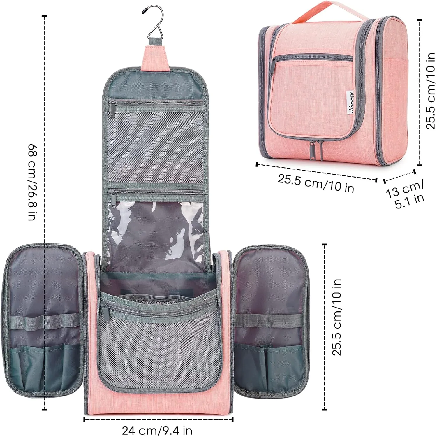 Narwey Hanging Toiletry Bag for Women Travel Makeup Bag Organizer Toiletries Bag for Cosmetics Essentials Accessories(Large, Pink)