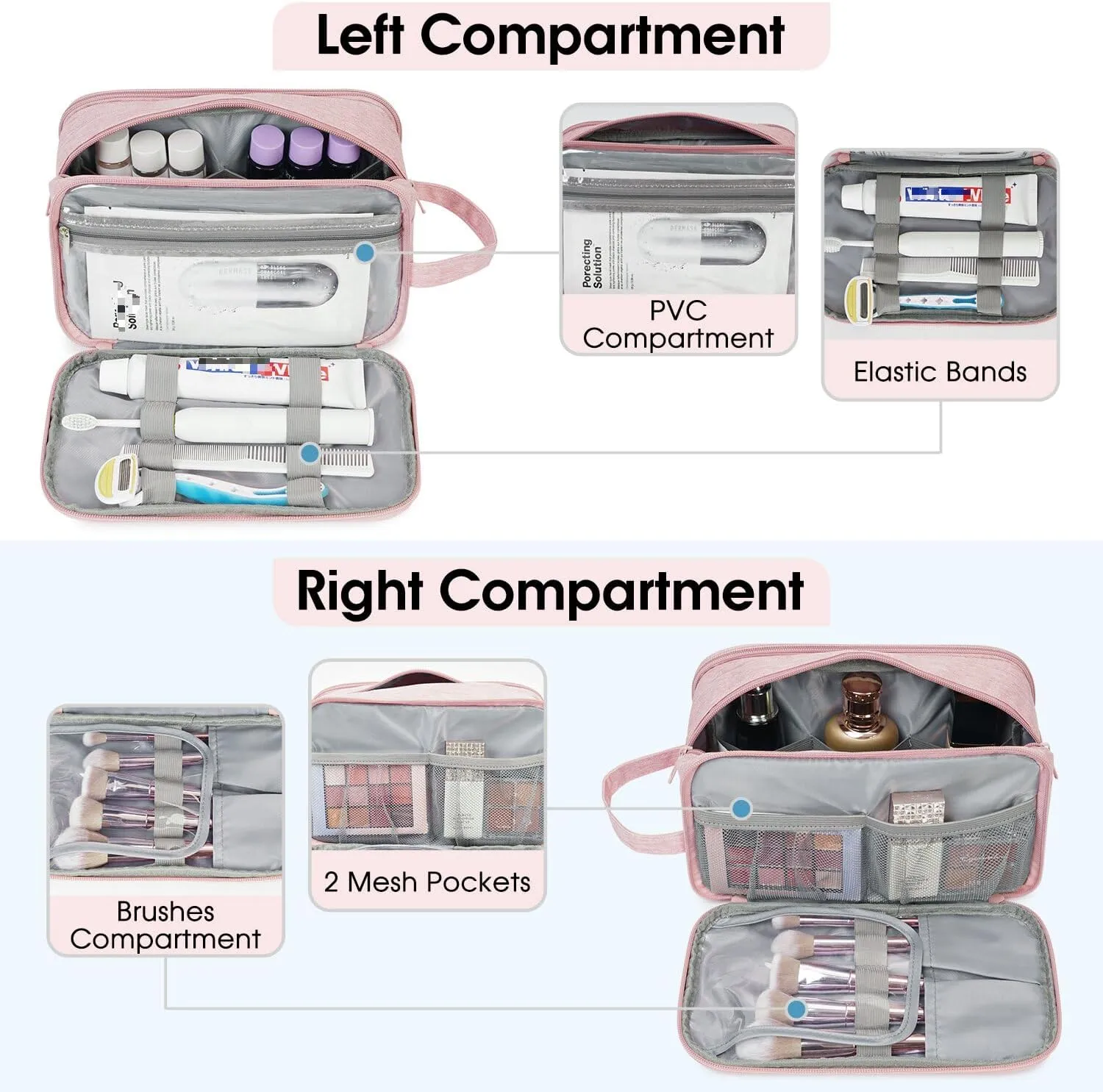 Narwey Travel Toiletry Bag with Brush compartments for Women, Traveling Makeup Bag Organizer, Portable Cosmetic Bag, Make up Bag with Brush Storage for Women (Pink)