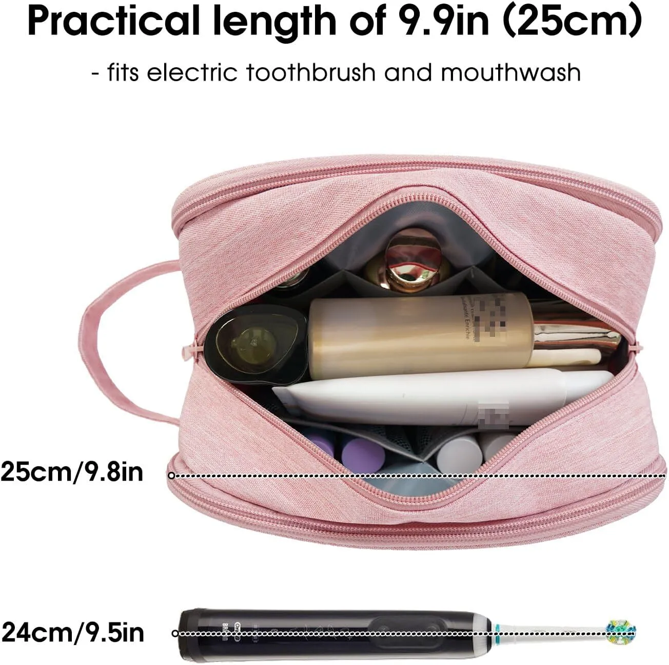 Narwey Travel Toiletry Bag with Brush compartments for Women, Traveling Makeup Bag Organizer, Portable Cosmetic Bag, Make up Bag with Brush Storage for Women (Pink)