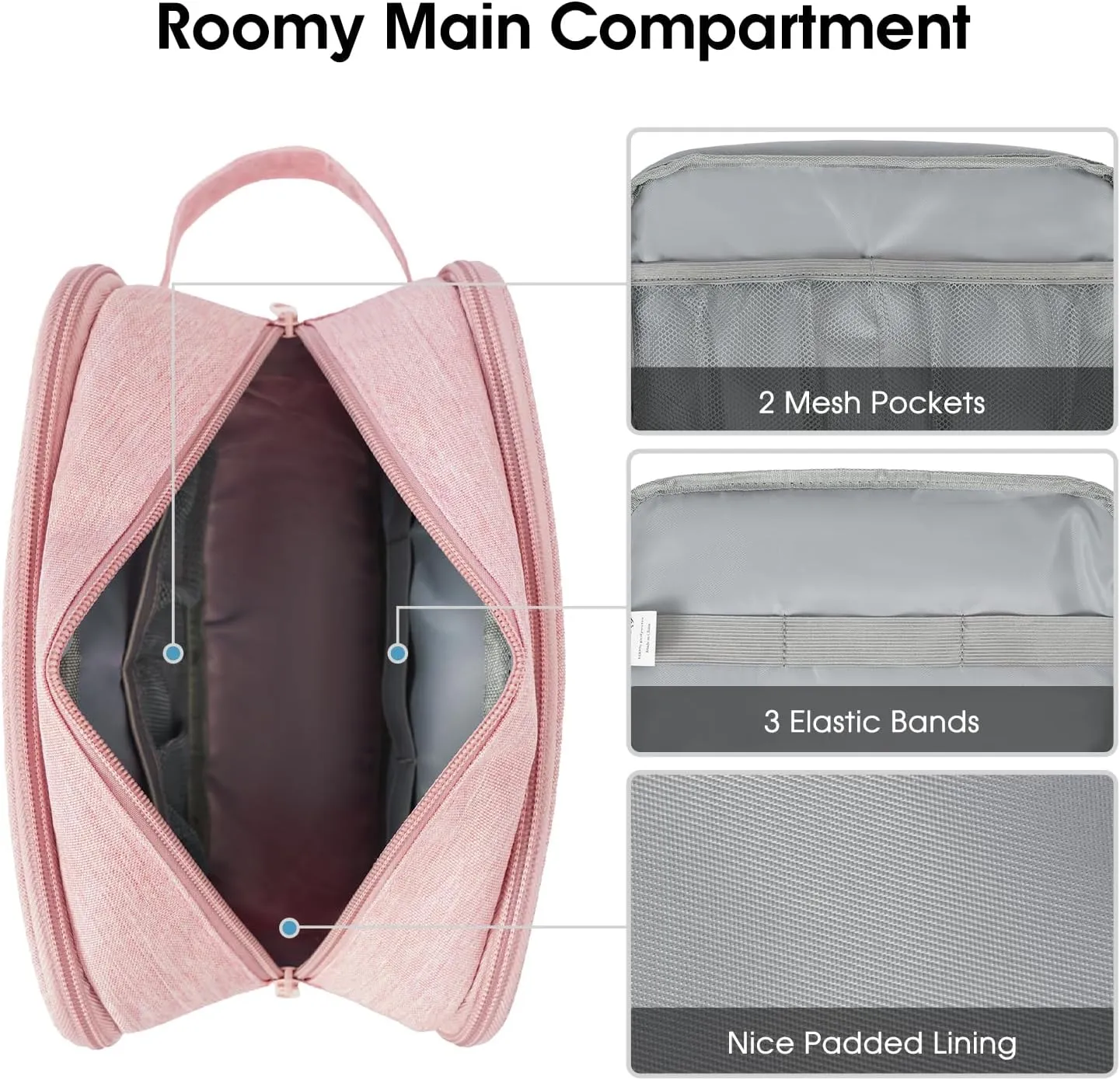 Narwey Travel Toiletry Bag with Brush compartments for Women, Traveling Makeup Bag Organizer, Portable Cosmetic Bag, Make up Bag with Brush Storage for Women (Pink)