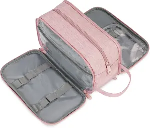 Narwey Travel Toiletry Bag with Brush compartments for Women, Traveling Makeup Bag Organizer, Portable Cosmetic Bag, Make up Bag with Brush Storage for Women (Pink)