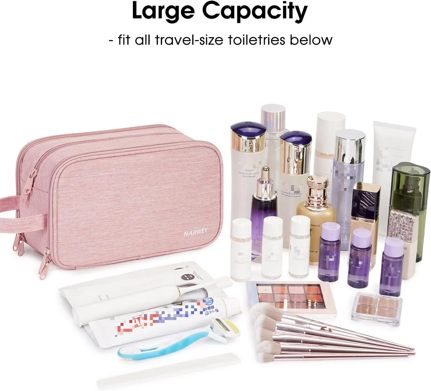 Narwey Travel Toiletry Bag with Brush compartments for Women, Traveling Makeup Bag Organizer, Portable Cosmetic Bag, Make up Bag with Brush Storage for Women (Pink)