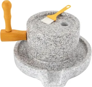 Natural Granite Handmade Stone Mill Grinder with Filter Bag and Brush, Rustic Small Kitchen Manual Grain Mill for Flour, Soybean, Spices, Wet/Dry Grinding Countertop Tool (7.8 inches)