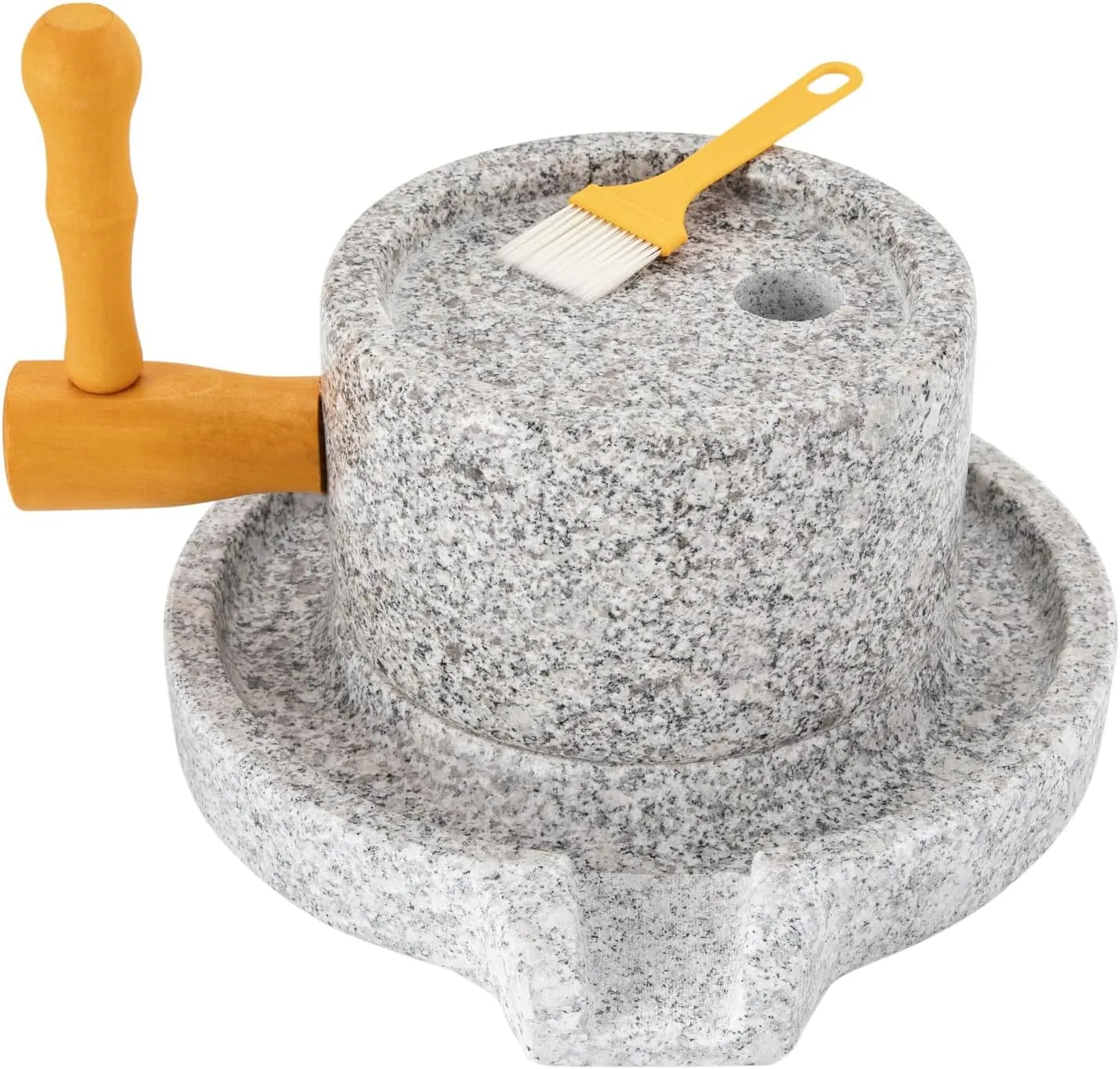 Natural Granite Handmade Stone Mill Grinder with Filter Bag and Brush, Rustic Small Kitchen Manual Grain Mill for Flour, Soybean, Spices, Wet/Dry Grinding Countertop Tool (7.8 inches)