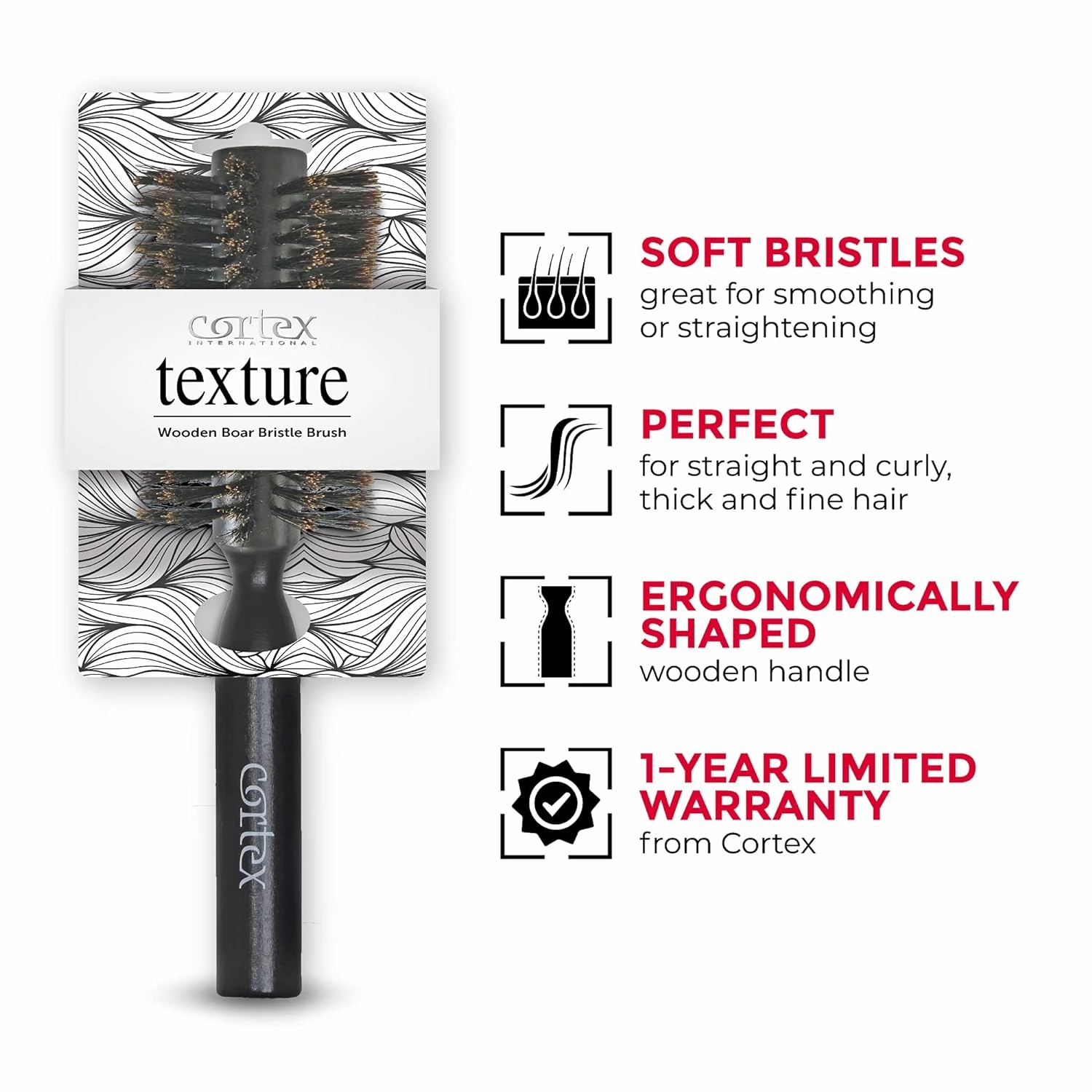Natural Bristle Hair Brush, Black 2.75", for Men & Women, for Drying All Hair Types, Fine and Coarse, Wooden Handle