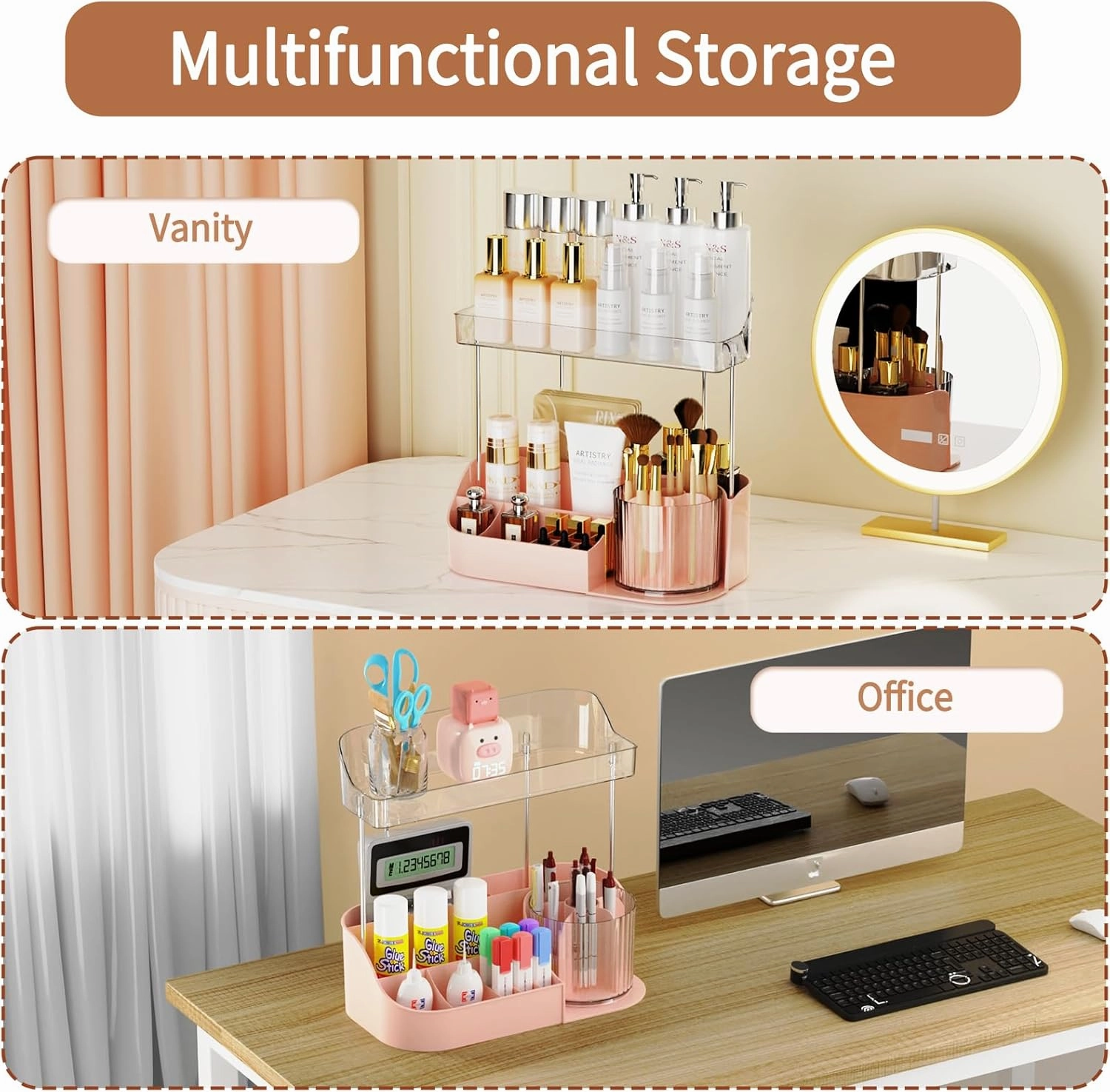 NATURE'S SOURCE Rotating Makeup Organizer Countertop for Vanity with Makeup Brush Holder, Large Capacity, Grid Design, 360° Rotatable Skincare Organizer Perfume Tray for Dresser, Bathroom (Pink, 2T)