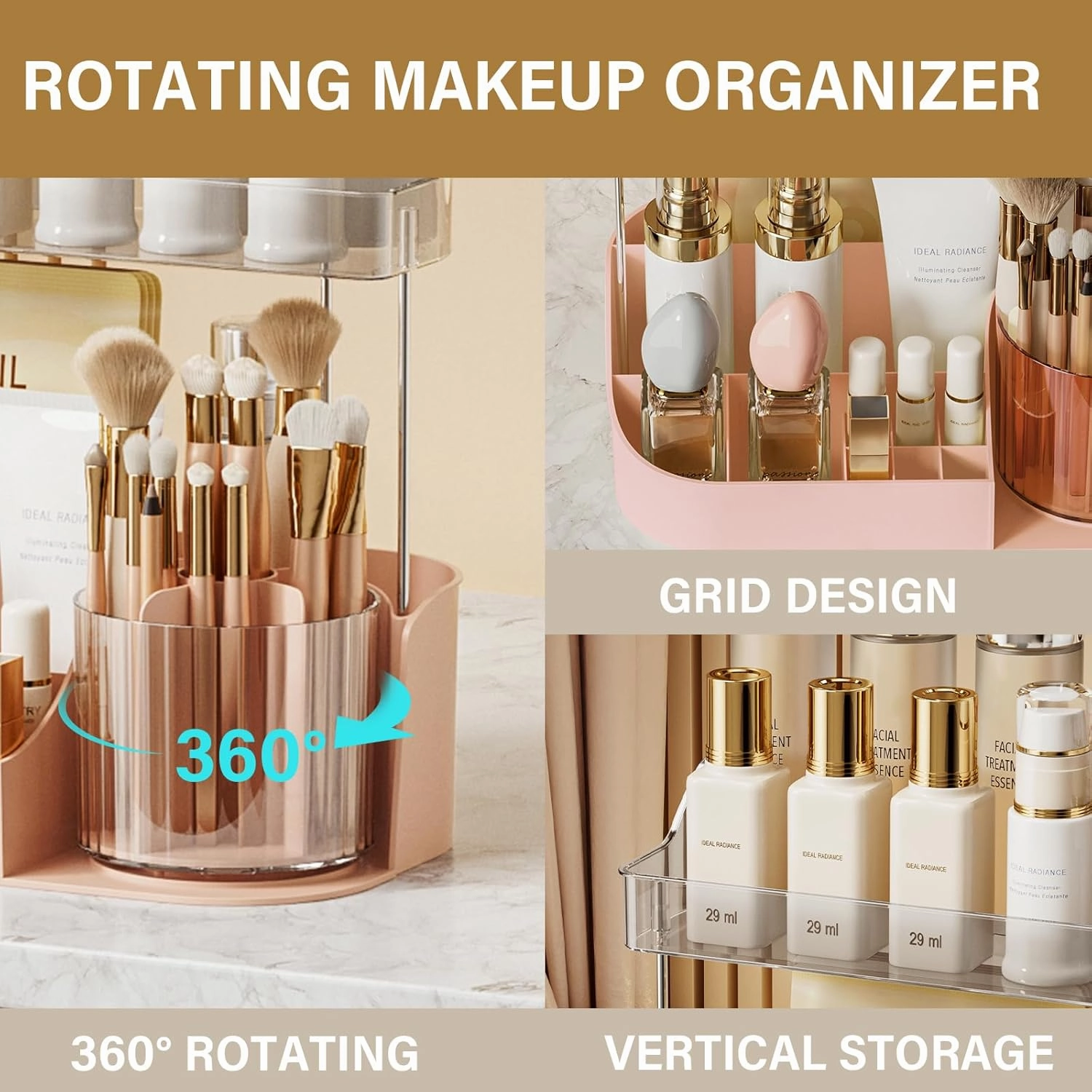 NATURE'S SOURCE Rotating Makeup Organizer Countertop for Vanity with Makeup Brush Holder, Large Capacity, Grid Design, 360° Rotatable Skincare Organizer Perfume Tray for Dresser, Bathroom (Pink, 2T)