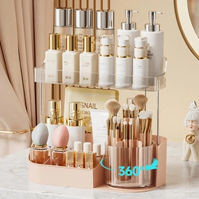 NATURE'S SOURCE Rotating Makeup Organizer Countertop for Vanity with Makeup Brush Holder, Large Capacity, Grid Design, 360° Rotatable Skincare Organizer Perfume Tray for Dresser, Bathroom (Pink, 2T)