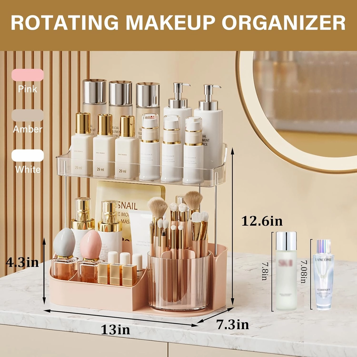 NATURE'S SOURCE Rotating Makeup Organizer Countertop for Vanity with Makeup Brush Holder, Large Capacity, Grid Design, 360° Rotatable Skincare Organizer Perfume Tray for Dresser, Bathroom (Pink, 2T)