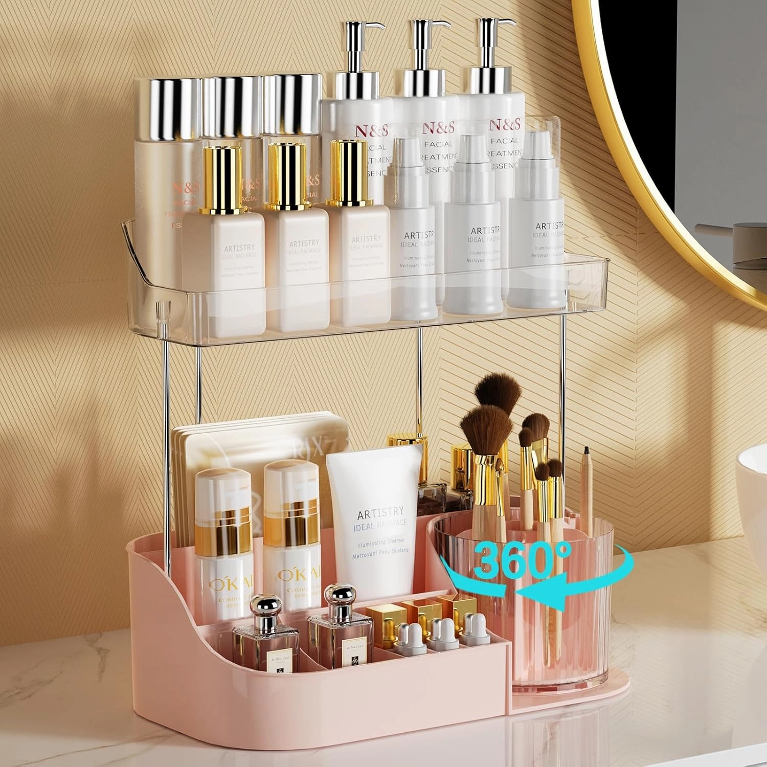 NATURE'S SOURCE Rotating Makeup Organizer Countertop for Vanity with Makeup Brush Holder, Large Capacity, Grid Design, 360° Rotatable Skincare Organizer Perfume Tray for Dresser, Bathroom (Pink, 2T)