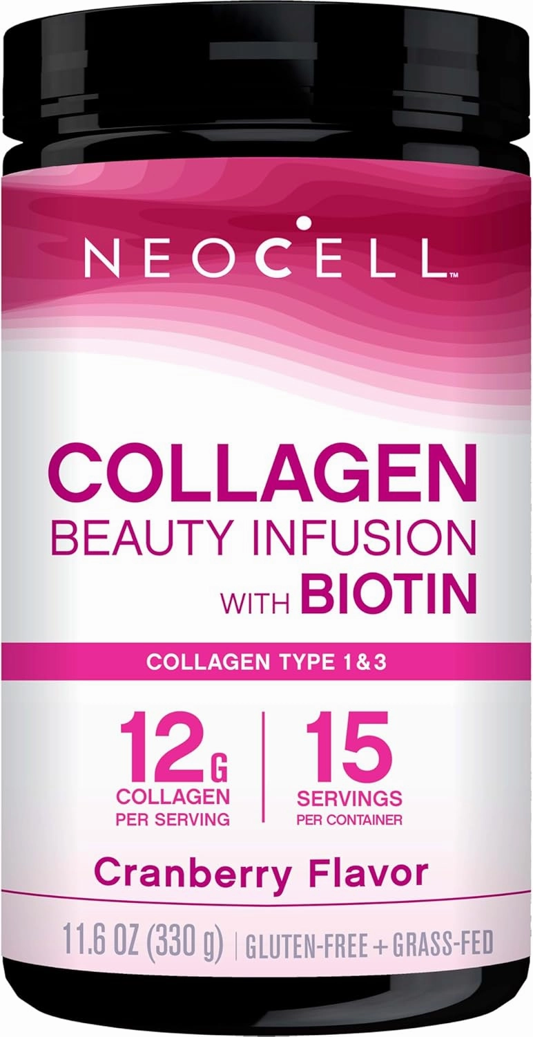 NeoCell Collagen Beauty Infusion With Biotin, Collagen Supplement for Healthy Skin, Hair and Nails, Includes Antioxidants, Cranberry Flavor, Powder, 11.6 Oz, 1 Canister