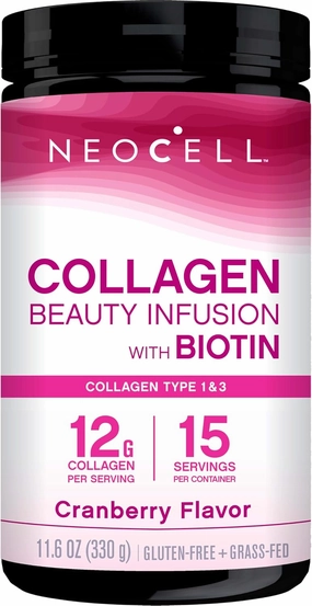 NeoCell Collagen Beauty Infusion With Biotin, Collagen Supplement for Healthy Skin, Hair and Nails, Includes Antioxidants, Cranberry Flavor, Powder, 11.6 Oz, 1 Canister