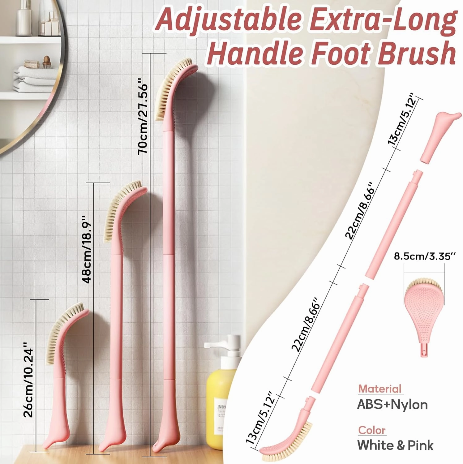 New Foot Brush with Extra-Long Handle, 3-in-1 Foot Scrubber for Wet or Dry Brushing, Adjustable 10.2’’- 27.5’’Foot Scrub Brush for Senior, Pregnant, Disabled, or Injured, Gift-Box Packed(Pink)