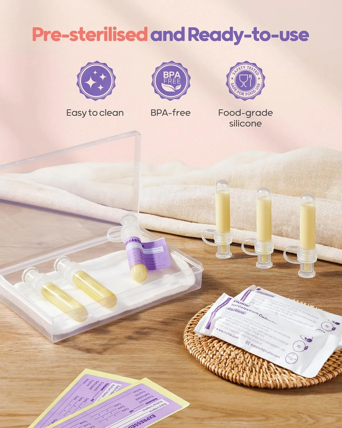 Nuliie Colostrum Collector Kit 7ml/6pcs, Leakproof, Reusable Breast Milk Collector, Heat & Freezer Resistant, BPA-Free, With Cotton Cloth Wipe, Storage Case, Cleaning Brush - Ready-to-Use for Newborns