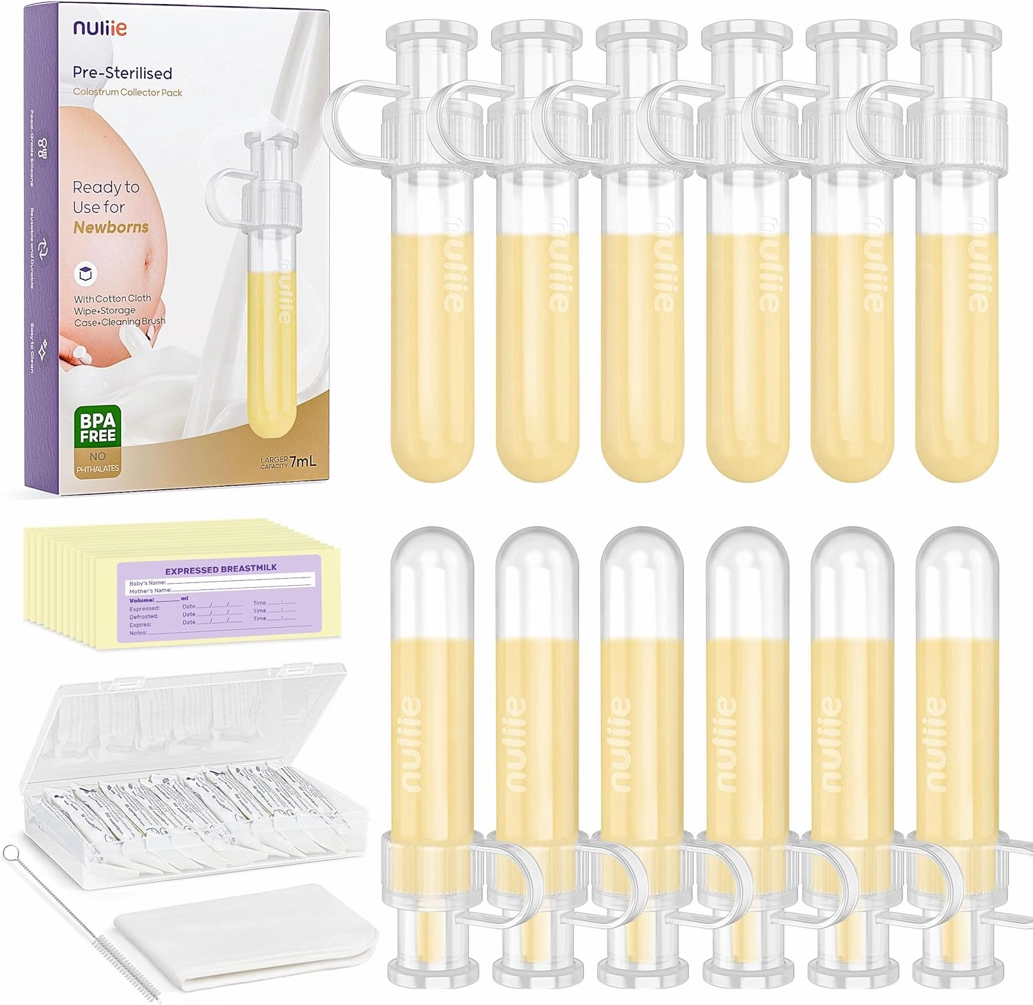Nuliie Colostrum Collector Kit 7ml/12pcs, Leakproof, Reusable Breast Milk Collector, Heat & Freezer Resistant, BPA-Free, With Cotton Cloth Wipe, Storage Case, Cleaning Brush -Ready-to-Use for Newborns