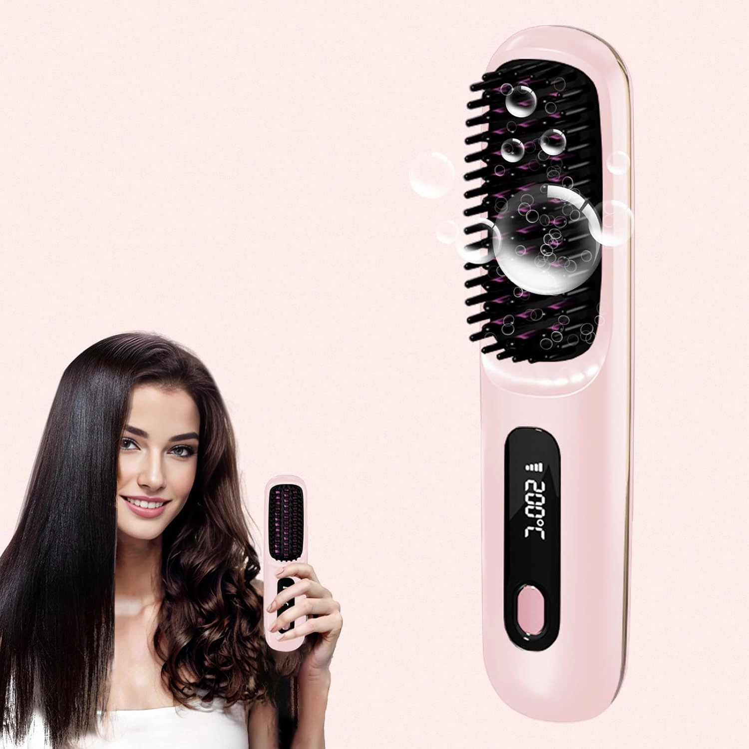 Numoya Go Brush Pro,Cordless Hair Straightening Brush-199 Million Negative Ions, 20S Fast Heat Up,3 Temperature Settings,4000mAh USB-C Rechargeable,Compact & Travel-Friendly with LED Display,Pink