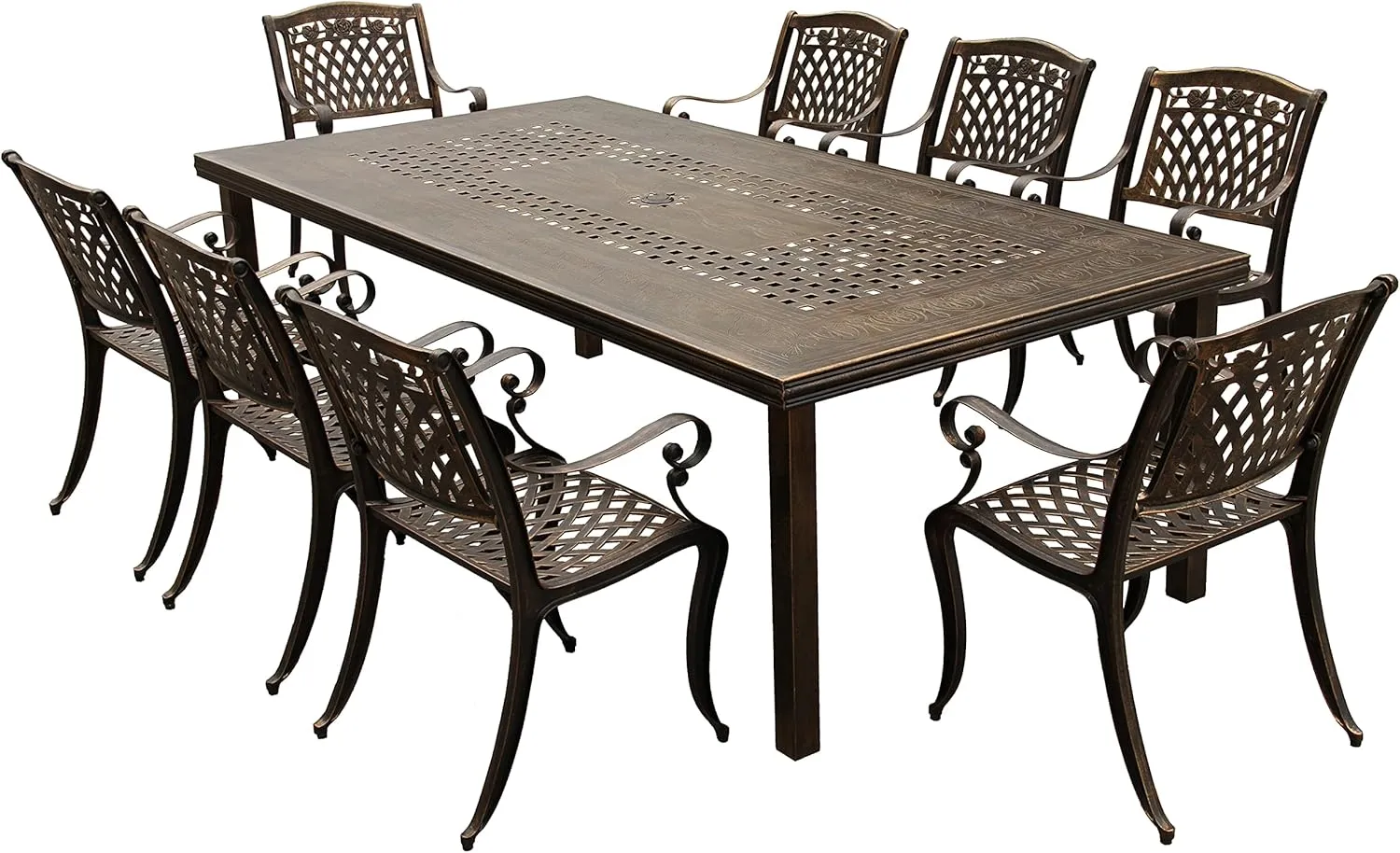 Oakland Living 1057-1855(8)-BZ Modern Outdoor Mesh Lattice Aluminum 95-in Bronze Large Rectangular Patio Eight Arm Chairs Dining Set