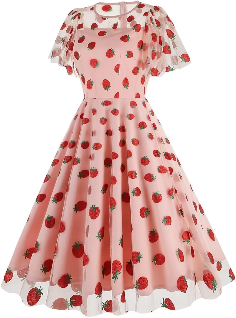 ODIZLI Women's 1950s Retro Vintage Dress Short Sleeve Round Neck Heart Print Embroidery Ruffle Mesh Swing Dress