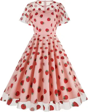 ODIZLI Women's 1950s Retro Vintage Dress Short Sleeve Round Neck Heart Print Embroidery Ruffle Mesh Swing Dress