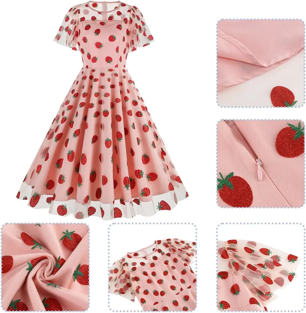 ODIZLI Women's 1950s Retro Vintage Dress Short Sleeve Round Neck Heart Print Embroidery Ruffle Mesh Swing Dress