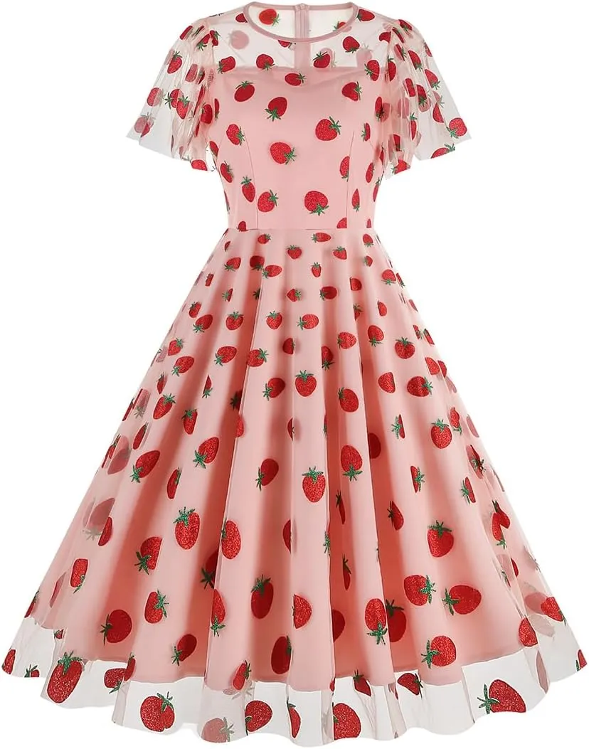 ODIZLI Women's 1950s Retro Vintage Dress Short Sleeve Round Neck Heart Print Embroidery Ruffle Mesh Swing Dress