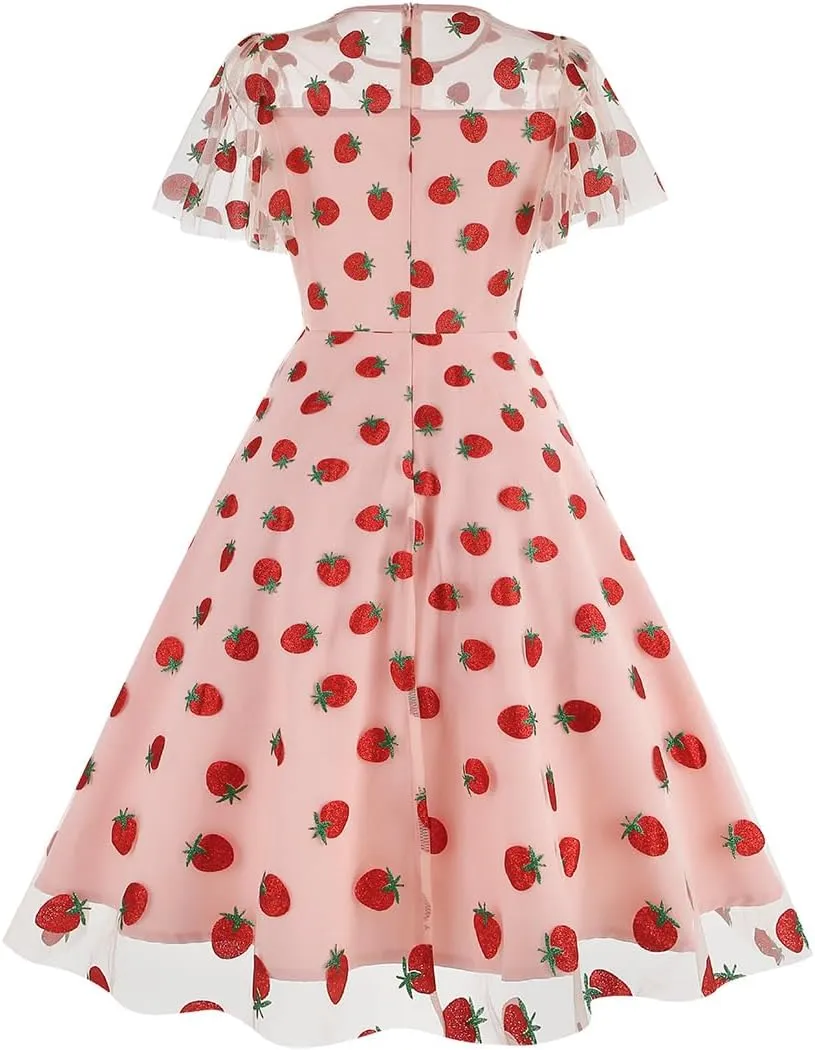 ODIZLI Women's 1950s Retro Vintage Dress Short Sleeve Round Neck Heart Print Embroidery Ruffle Mesh Swing Dress