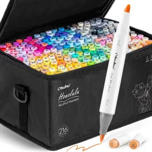 Ohuhu Brush Markers - 216-color Double Tipped Alcohol-based Art Marker Set for Artist Adults Coloring Illustration -Brush & Chisel Dual Tips - Honolulu Series of Ohuhu Markers - Refillable Ink